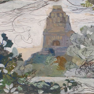 Monumento a la Batalla de los Pueblos Leipzig sin firmar acuarela lápiz dibujo principios del siglo XX - Imagen 1 de 4