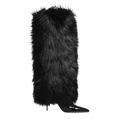 DOLCE & GABBANA Shoes Black Faux Fur Pointed Knee High Stiletto Boots EU39/US9 - Image 1 of 4