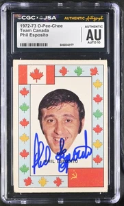 Carta Phil Esposito firmata 1972-73 OPC Team Canada Bruins CGC AU JSA 10 Auto - Foto 1 di 2