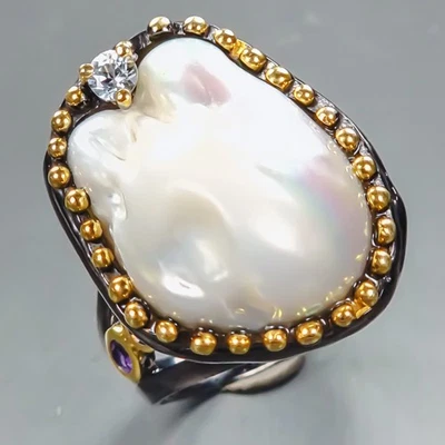 Anillo de perlas barrocas naturales hechas a mano de plata de ley 925 talla 8/R439612 Foto 1 de 4