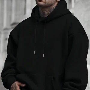 Men's Casual Fleece Hoodie Black Long Sleeves Kangaroo Pocket Machine Washable - Picture 1 of 5