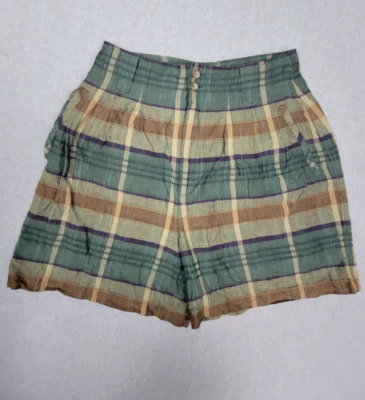 Vintage Express Plaid Linen Cotton Blend Shorts Green Tan Purple Size 9/10 - Image 1 of 4