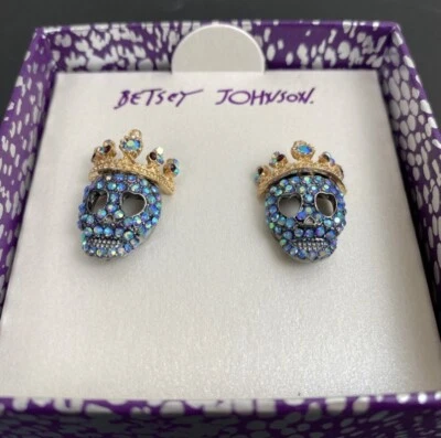 Aretes Betsey Johnson tono oro y hematita pavé cristal esqueleto rey nuevos en caja Foto 1 de 4