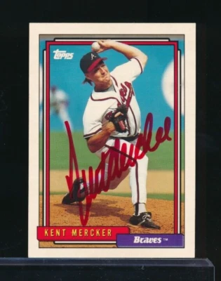 1992 Topps #596 Kent Mercker signed auto autograph crisp red sharpie * tough - Image 1 of 2