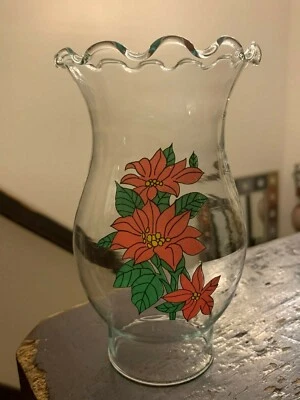 Clear Glass Poinsettia Design Hurricane Lamp Chimney Shade Ruffled Top 6" Tall - Image 1 of 4