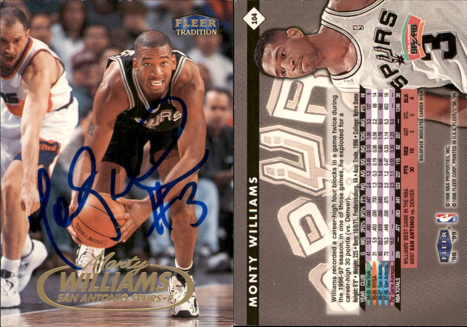 Monty Williams Signed 1998-99 Fleer Tradition #104  San Antonio Spurs Auto AU