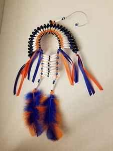 Orange, Blue, White beaded headdress.Handmade,new beads, safety pins, feathers - Picture 1 of 1