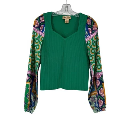 Top Bailey 44 Talla S Verde Acanalado Manga Larga Globo Satinado Paisley Cuello en V Boho Foto 1 de 4