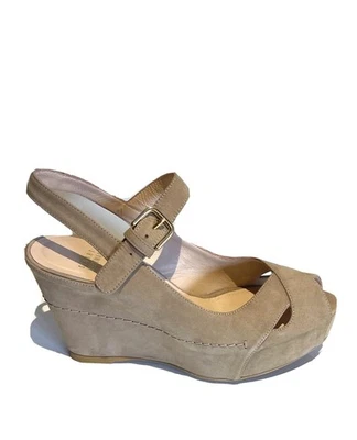 STUART WEIZMAN Spain Taupe Suede Wedge Heel Ankle Strap Peep Toe Sandals $895 39 - Image 1 of 4