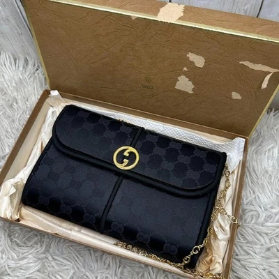 GUCCI Vintage Black Leather Flap Shoulder Bag Box Old Gucci Crossbody Japan - Image 1 of 4