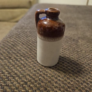 Antiker Henkel Steinzeug UHL Mini Topf Krug 3 5/8" (braun & creme) länglich - Bild 1 von 8