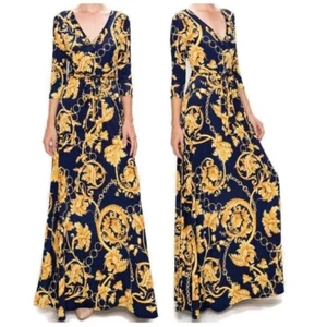 Janette Fashion Gold Floral and Chains Navy Faux Wrap Maxi Dress - Picture 1 of 3