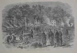 Original Bürgerkrieg Gravur FAIR OAKS Battle Burying the Dead & Burning Horses - Bild 1 von 3