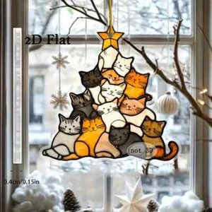 Cat Christmas Tree Novel Cute Funny Lover Suncatcher Stained Glass Effect Decor - Picture 1 of 3