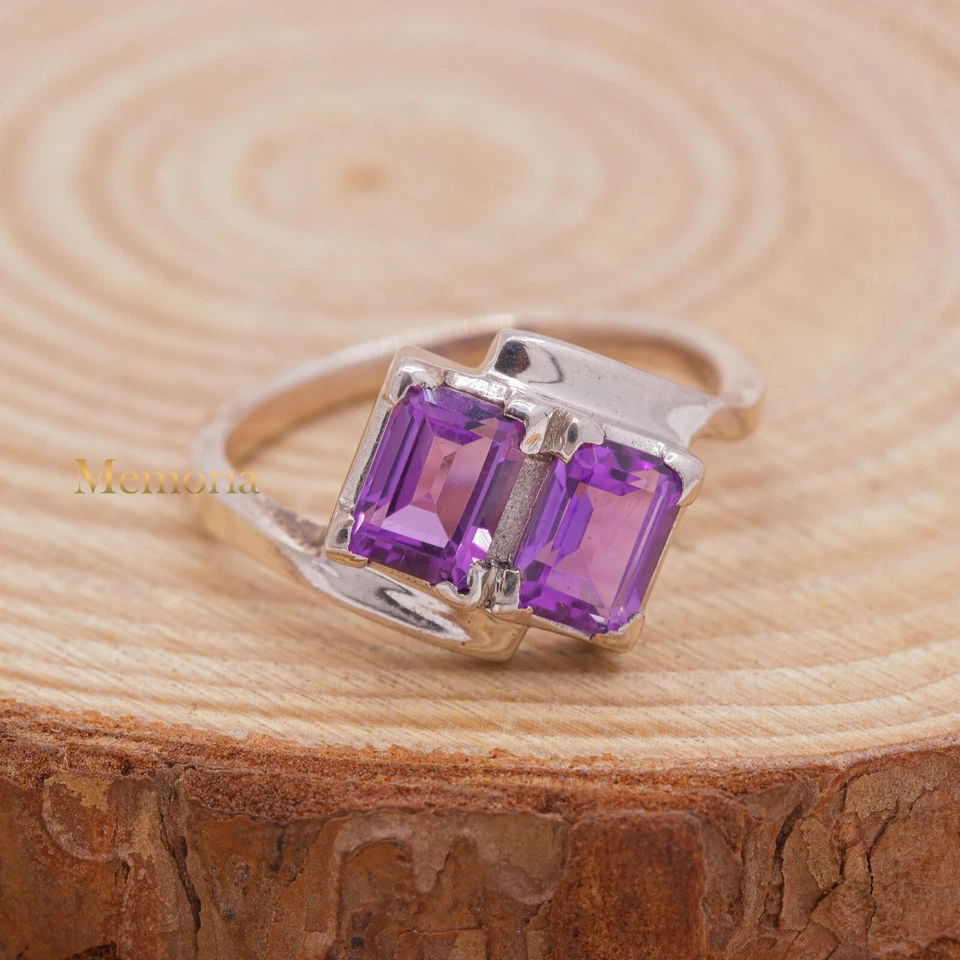 Smeraldo Taglio Naturale Ametista Doppio Pietra Fidanzamento Anello 925 Argento - Immagine 1 di 1