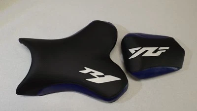 YAMAHA 04-05-06 YZF R1 BLACK/BLUE/WHITE CUSTOM  FRONT & REAR SEAT COVERS  - Image 1 of 4