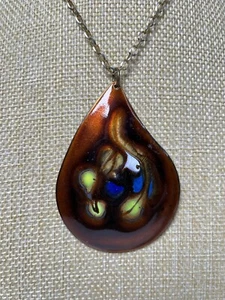 Vintage Artisan Large Copper Enameled Pendant Necklace 70s Boho Abstract 256 - Picture 1 of 16