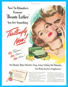 1949 Palmolive Schönheitsseife Druck Werbung Kosmetik Baden Teint rote Lippen - Bild 1 von 3