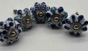 5 Porcelain Ceramic Blue & White Drawer Cabinet Door Knobs Handle Pulls - Picture 1 of 13
