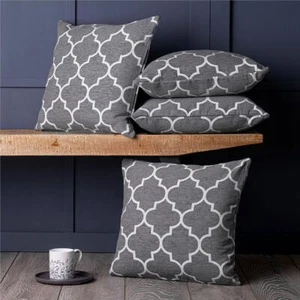 Grey Cushion Covers 4 Pack 18 inch 45cm Square Chenille Geometric Design RRP £35 - Picture 1 of 5