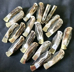 Lot of 20, 8 Inches Handmade Damascus Steel Stag, Brass Folding Knives W/Sheath  - Picture 1 of 11