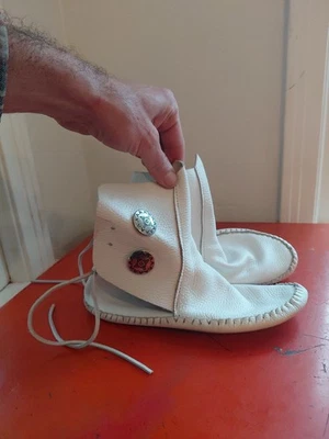 Women's Taos Moccasin 3000W white smooth cowhide leather boot concho buttons. - Image 1 of 4