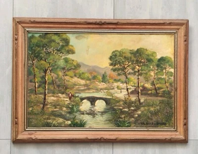 Tableau Signé Charles Rieux De Bogard Paysage Balade Bord De Rivière Pont Forêt  - Photo 1/4