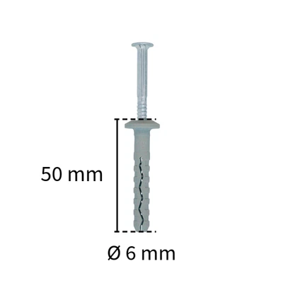 TASSELLI DA 6X50 IN NYLON CON BORDO PIATTO E VITE ZINCATA PREMONTATA CF 100 PZ - Immagine 1 di 4