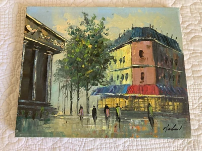 SIGNED ORIGINAL Impressionist PARIS STREET SCENE Oil Painting VTG MCM 8"x10" - Image 1 of 3