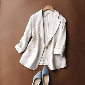 Women Cotton Linen Suit Blazer 3/4 Sleeve Lapel One Button Thin Coat Slim Casual