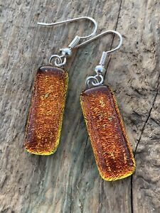Handmade In Cornwall Dichroic Glass Earrings Autumn Orange Copper Sunrise