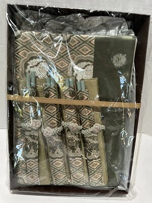 Chinese Arts & Craft Asian Set of 4 Silk Table Placemats + Blue Chopsticks Brown - Image 1 of 4