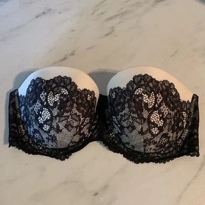 Victoria's Secret Black White Lace Strapless Dream Angels Lined Demi Size 34D - Image 1 of 4