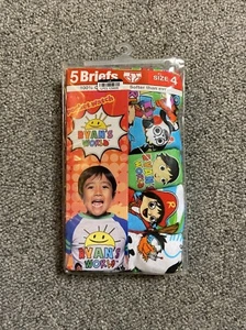 New Ryan’s World 5 Pack Boys’ Briefs Style Underwear 100% Cotton, Size 4 - Picture 1 of 2