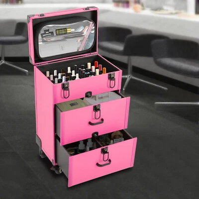 Rolling Makeup Train Case Aluminum Cosmetic Case Trolley with Drawer Lock Pink - Image 1 of 4