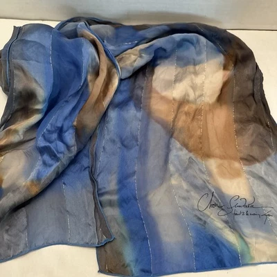 Cachecol da moda pintado à mão assinado pelo artista aquarela azul e marrom 11 X 36 polegadas - Imagem 1 de 3