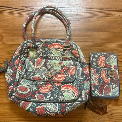 Vera Bradley Gris Rosa Floral Paisley Bolso de Hombro Cartera Conjunto Foto 1 de 4