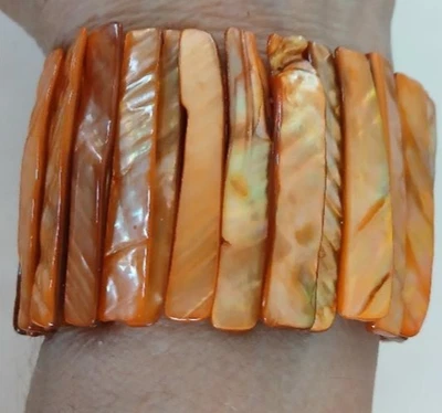 "Bonitas piezas de abulón grueso elástico pulsera de 1,75"" de ancho ámbar naranja iridiscente" Foto 1 de 3