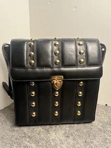 Vintage ESCADA Studded Tote Bag Black Leather With Gold Studs - Picture 1 of 16