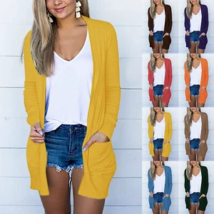 Women's Long Sleeve Cardigan Open Front Casual Lightweight Soft Knit Sweater Top - Picture 1 of 18