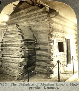 ABE LINCOLN'S BIRTHPLACE LOG HOME UNDERWOOD & UNDERWOOD STEREOSCOPIC 3-D CARD - Picture 1 of 3