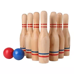 Sports Premium Wooden Lawn Bowling Skittles Set 11" Pins with Carrying Mesh Bag - Picture 1 of 2