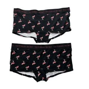 Victoria's Secret Logo Waist Flamingo Print Black Boyshorts Set of 2 Size Large - Picture 1 of 4