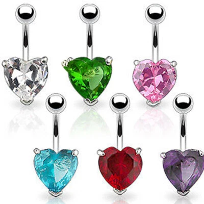 10mm Clear CZ Crystal Heart Navel Bar Belly Button 316L Steel-UK SELLER - Image 1 of 2
