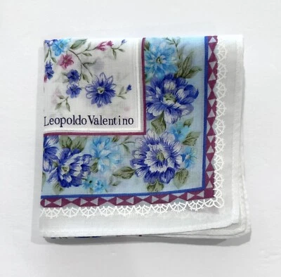 "PAÑUELO MUJER FLORAL AZUL PÚRPURA NATURALEZA Leopoldo Valentino ALGODÓN CUADRADO 16""" Foto 1 de 4