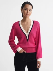 Top jersey tejido con ribete en contraste REISS Talitha en rosa/marfil - Imagen 1 de 6