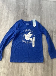 Cat & Jack T-Shirt Girls L (10-12) Peace Love & Light Bright Blue Long Sleeve - Picture 1 of 4