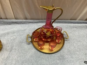 Antike Moser Cranberry emaillierte Gold Karaffe und Glas mit 5 Gläsern 7" - Bild 1 von 9