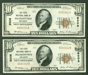 $10.00 NBN First NB Pleasantville NJ, Números de Serie Consecutivos Fr. #1801-1 UNC - Imagen 1 de 1