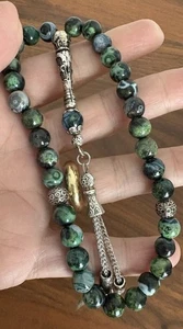 GREEN AGATE 33 STONE PRAYER BEADS TASBIH TESBIH MISBAHA SUBHA ROSARY MEDITATION - Picture 1 of 4